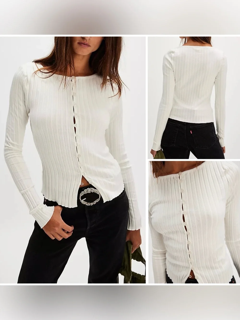 Free People Cream Ribbed Button-Front Long Sleeve Tee